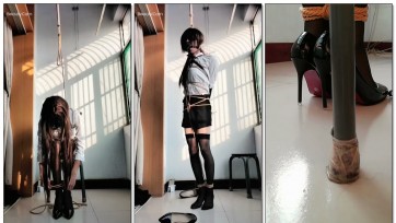 【玩家自缚】黑丝蒙眼、深喉口球、强制踮脚、痛苦呻吟。高跟鞋里放黄豆。过膝长靴，吊缚。呼吸限制。
